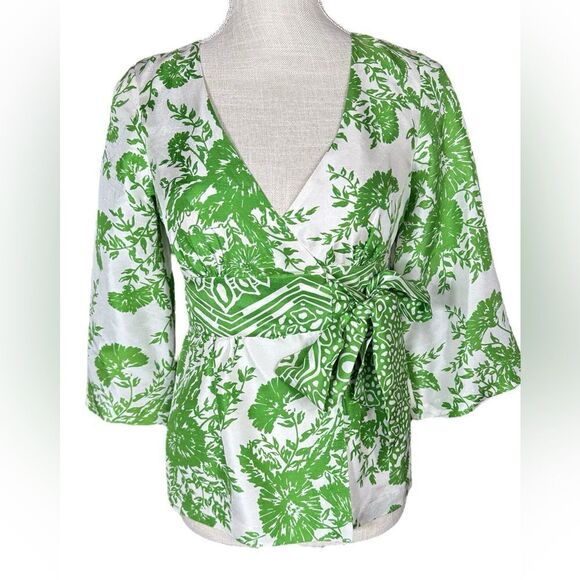 Tibi New York Green & White Silk Floral Print Wrap Style Blouse - Picture 5 of 14